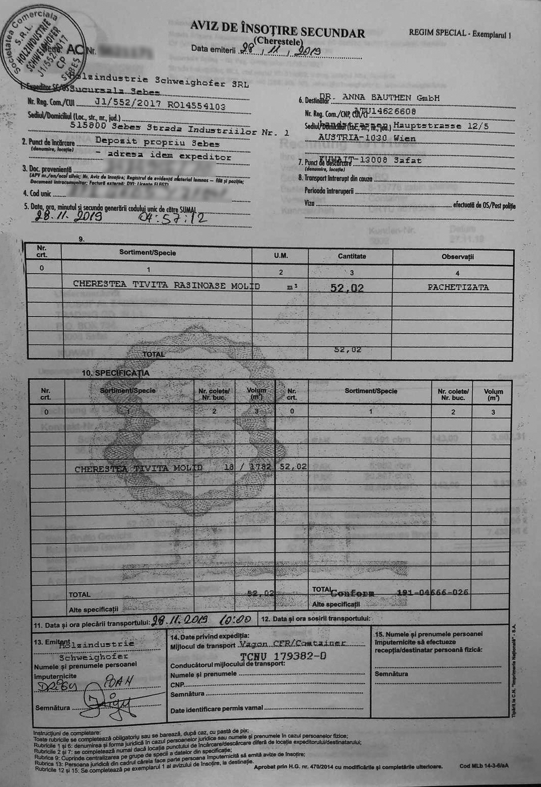 Avizele de însoțire a mărfii (diferite de documentele vamale de export, care au stârnit suspiciuni) arată că lemnul urma să ajungă în Japonia și Orient, după ce făcea “o oprire” în acte la firma din Austria.